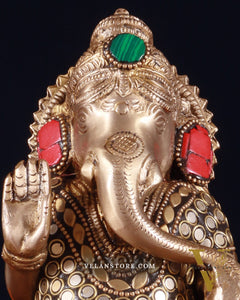 Elegant Brass Standing Ganesha with stonework | 9.5" Height