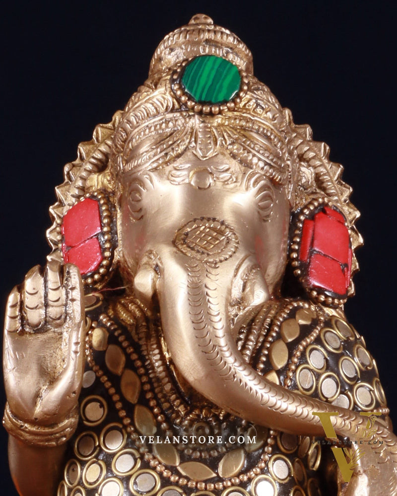 Elegant Brass Standing Ganesha with stonework | 9.5" Height