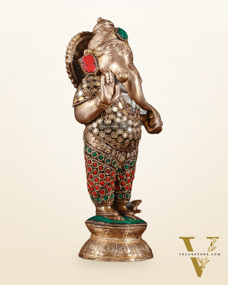 Elegant Brass Standing Ganesha with stonework | 9.5" Height