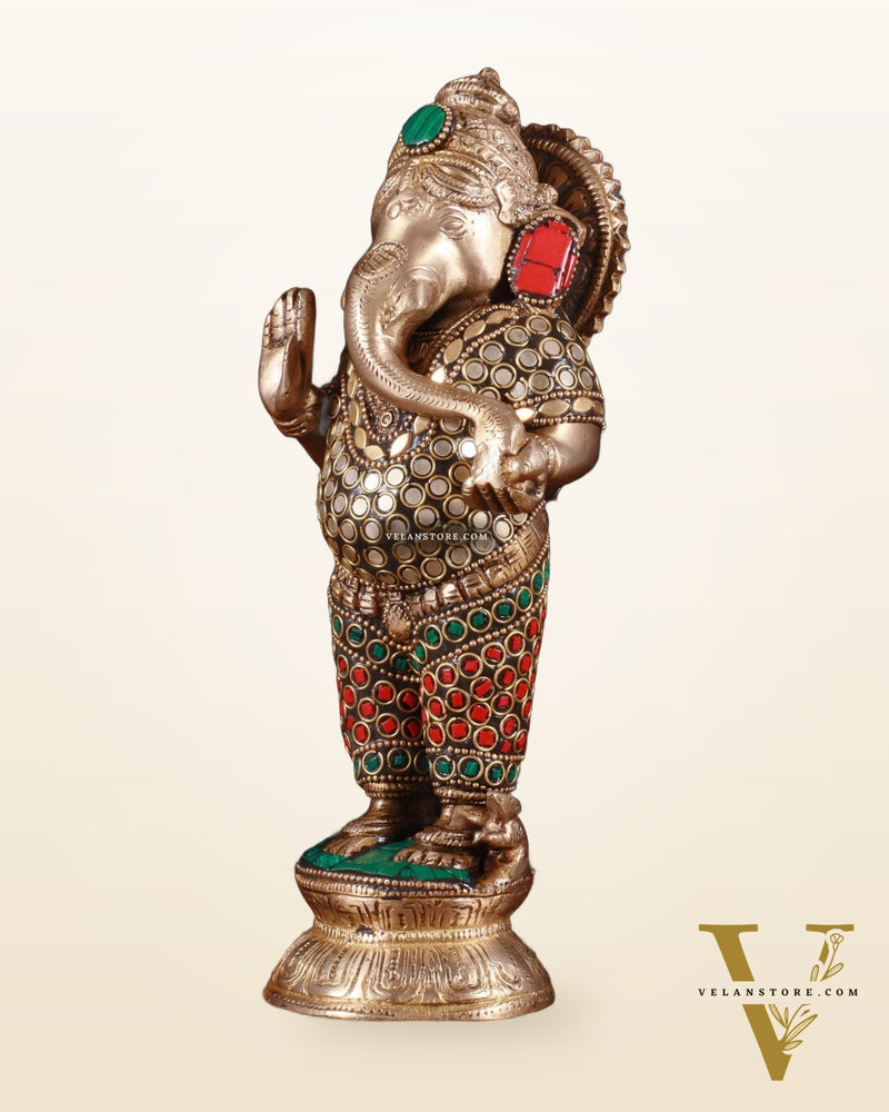 Elegant Brass Standing Ganesha with stonework | 9.5" Height