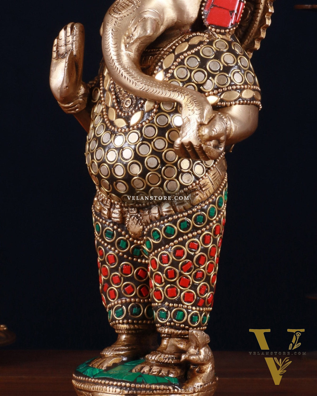 Elegant Brass Standing Ganesha with stonework | 9.5" Height