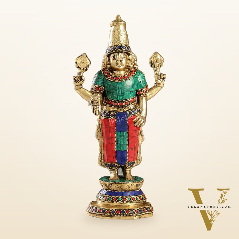 Elegant Golden Brass Tirupati Balaji Statue with Stonework | 12" Height | Divine Aura