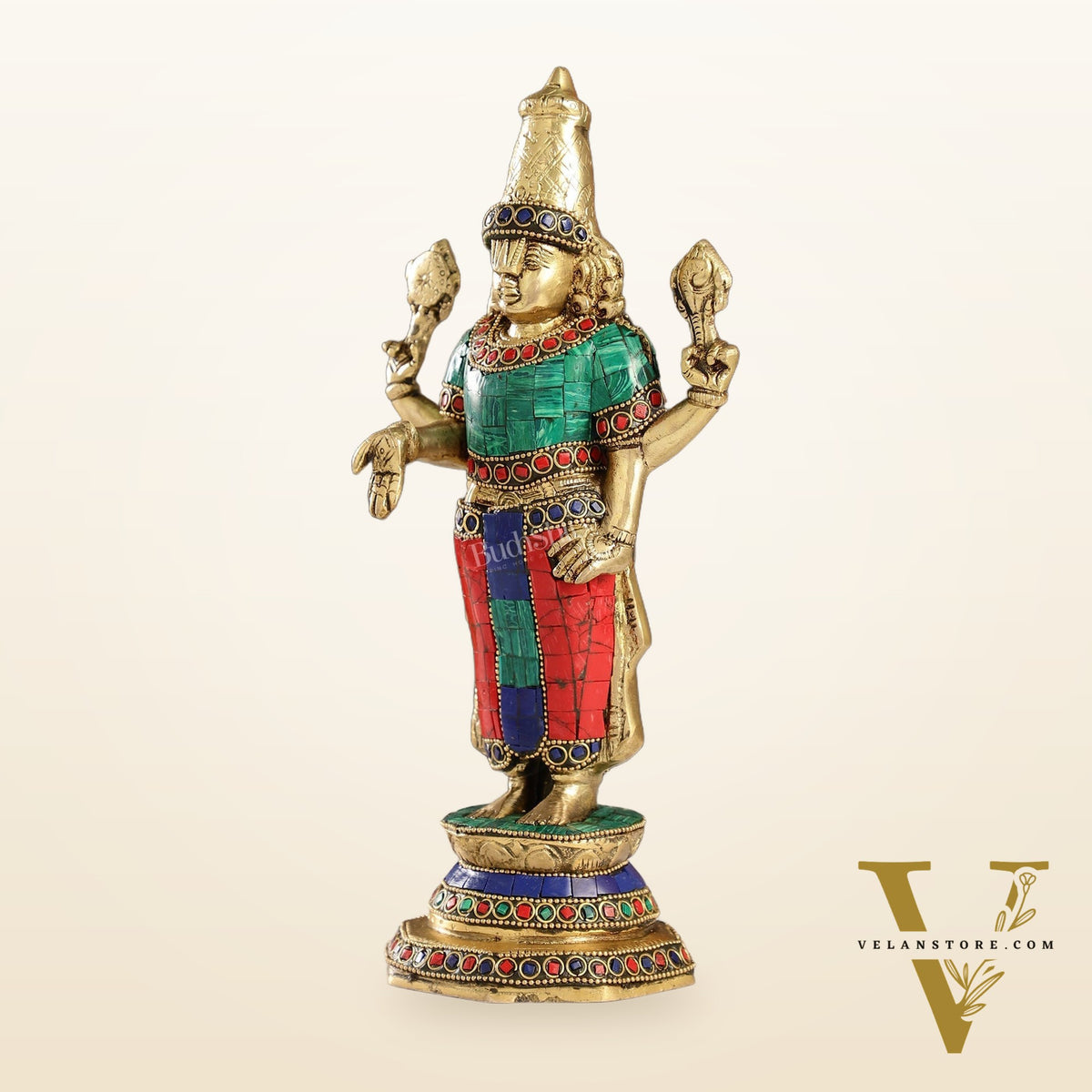 Elegant Golden Brass Tirupati Balaji Statue with Stonework | 12" Height | Divine Aura