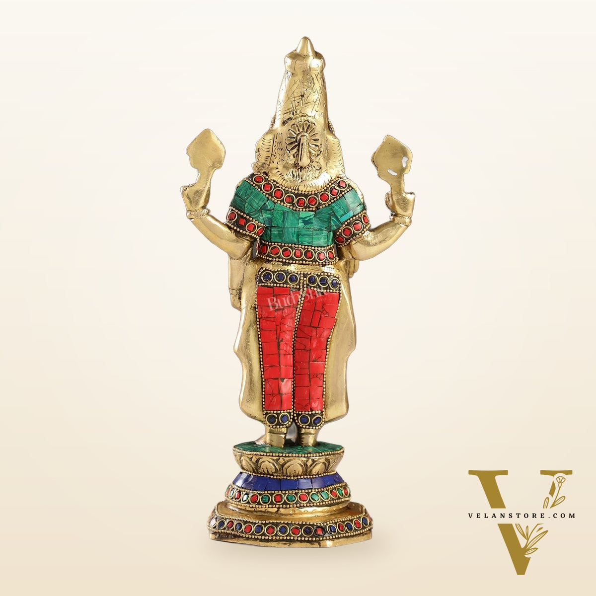 Elegant Golden Brass Tirupati Balaji Statue with Stonework | 12" Height | Divine Aura
