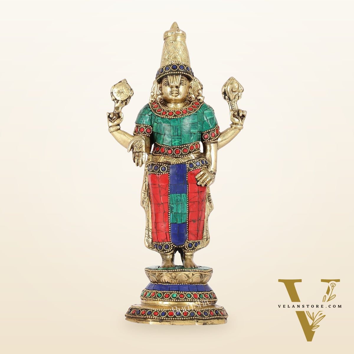 Elegant Golden Brass Tirupati Balaji Statue with Stonework | 12" Height | Divine Aura