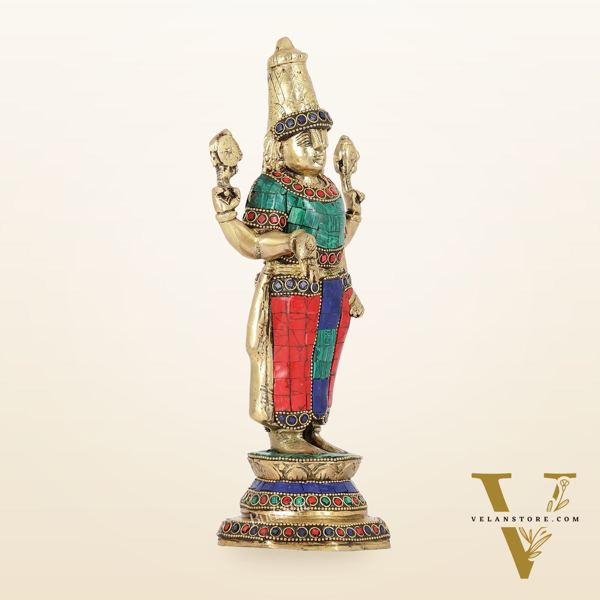 Elegant Golden Brass Tirupati Balaji Statue with Stonework | 12" Height | Divine Aura