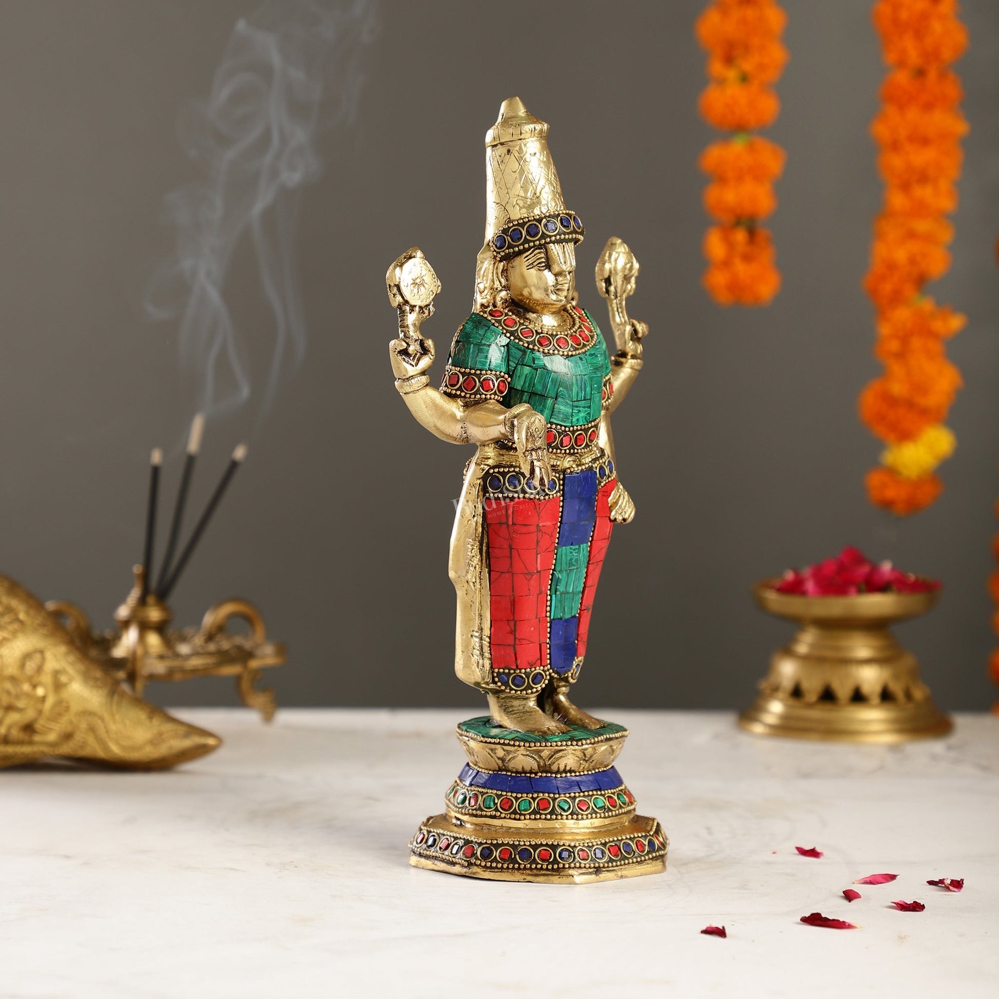 Elegant Golden Brass Tirupati Balaji Statue with Stonework | 12" Height | Divine Aura