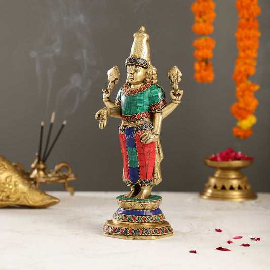 Elegant Golden Brass Tirupati Balaji Statue with Stonework | 12" Height | Divine Aura