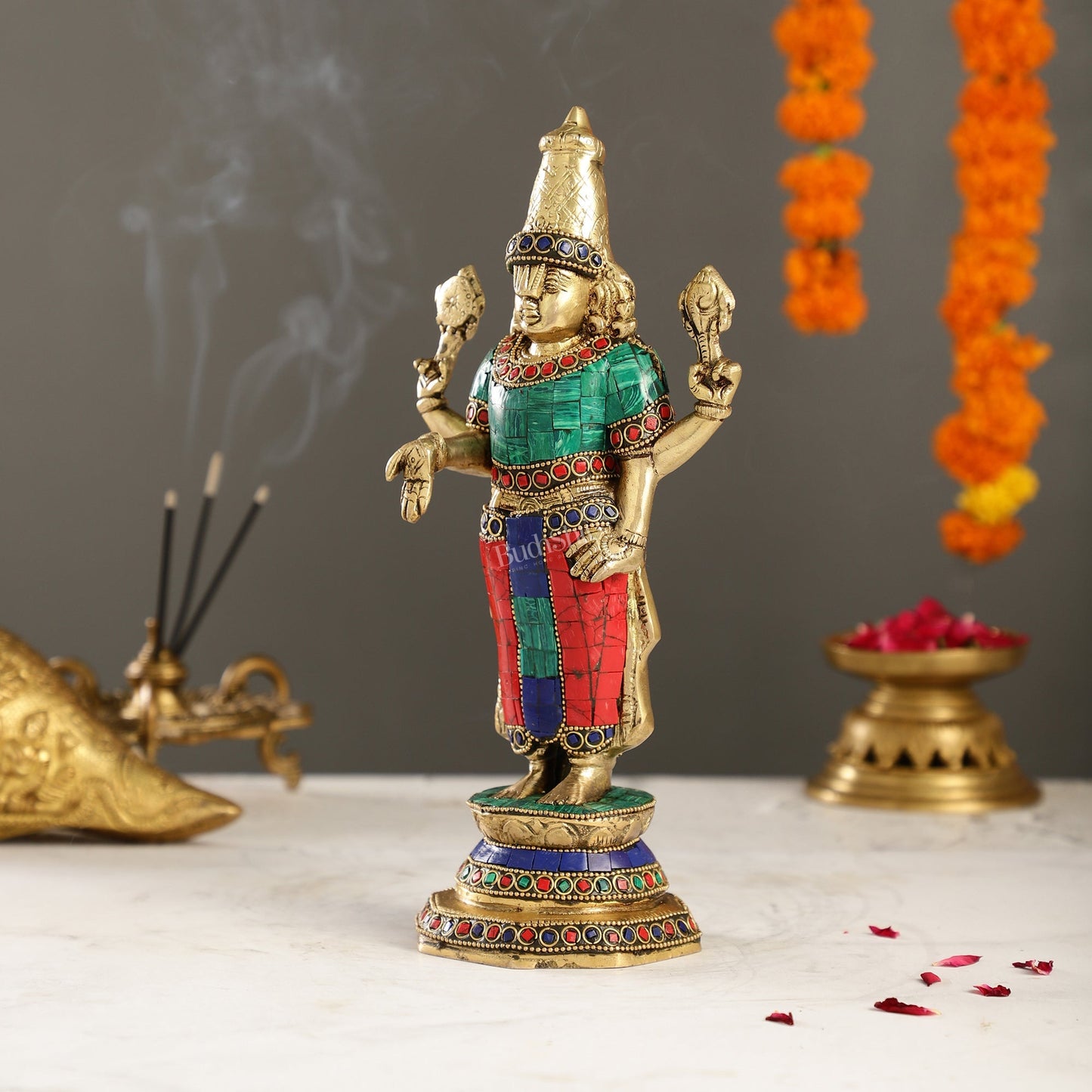 Elegant Golden Brass Tirupati Balaji Statue with Stonework | 12" Height | Divine Aura