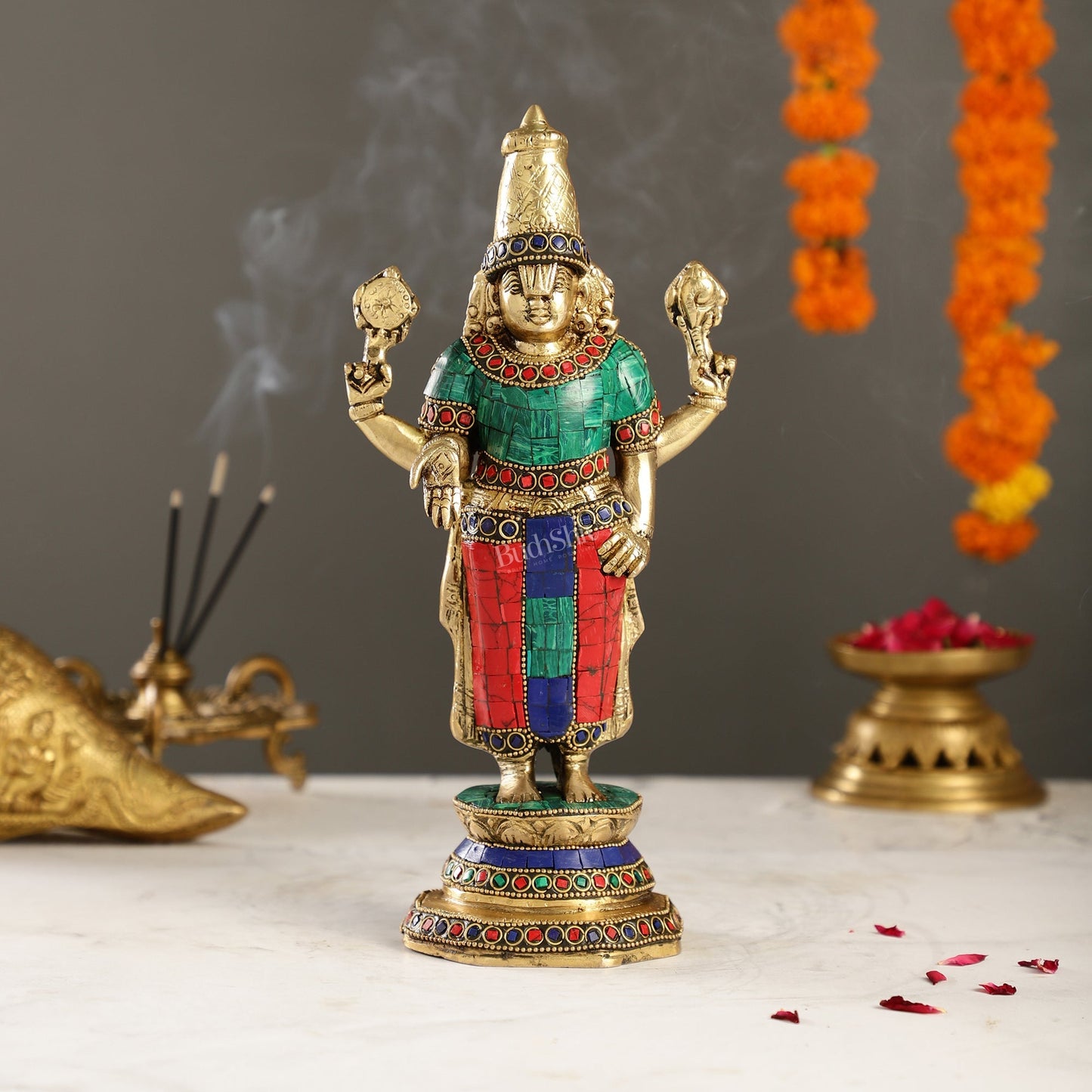 Elegant Golden Brass Tirupati Balaji Statue with Stonework | 12" Height | Divine Aura