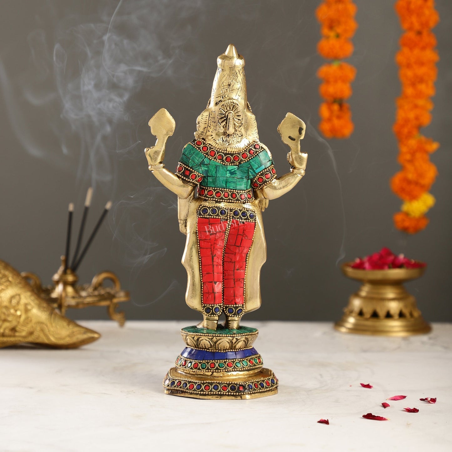 Elegant Golden Brass Tirupati Balaji Statue with Stonework | 12" Height | Divine Aura