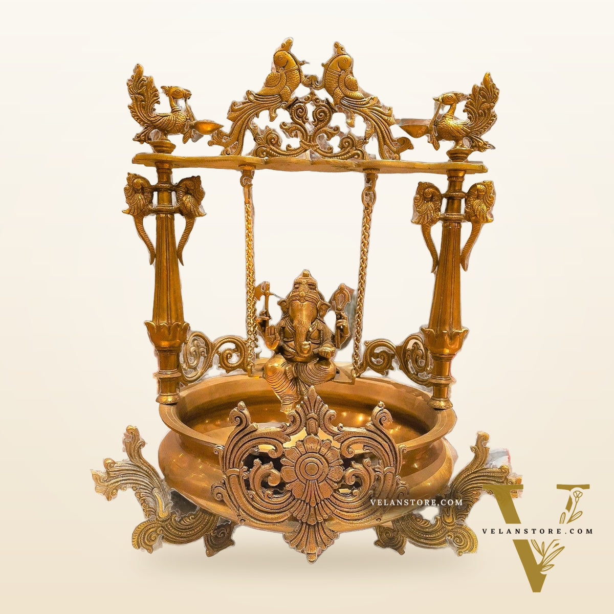 Elegant Large Brass Ganesha Swing Urli Bowl with Stand 27"