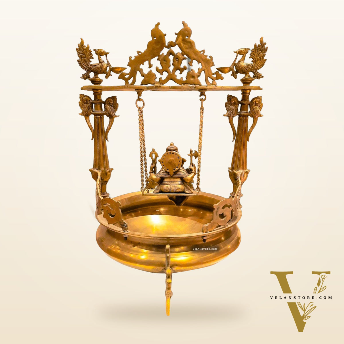 Elegant Large Brass Ganesha Swing Urli Bowl with Stand 27"