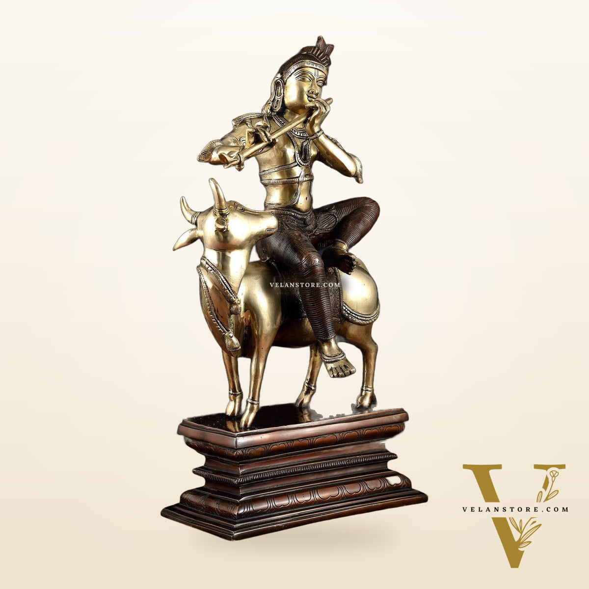Elegant Lord Krishna Seated on Cow Statue Vintage Dual tone  | 21"