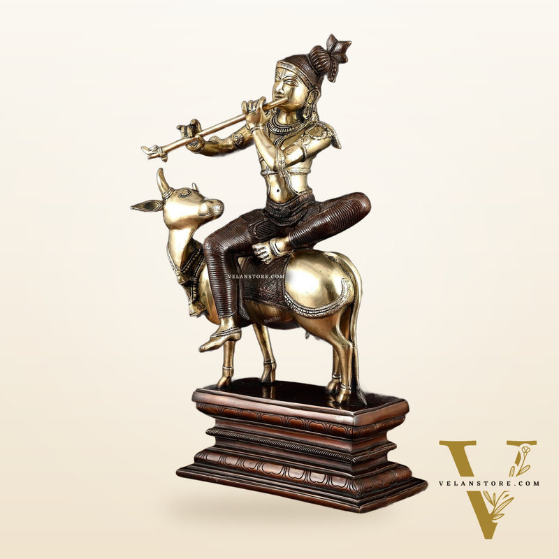 Elegant Lord Krishna Seated on Cow Statue Vintage Dual tone  | 21"
