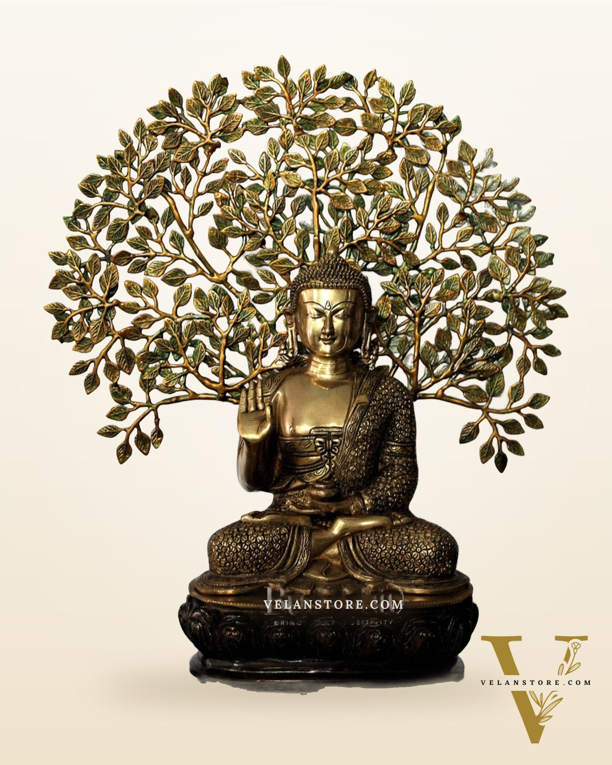Elegant Pure Brass Buddha Statue with Kalpavriksha - 25.5 Inches
