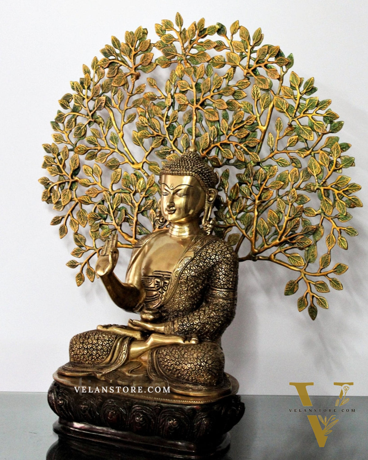 Elegant Pure Brass Buddha Statue with Kalpavriksha - 25.5 Inches