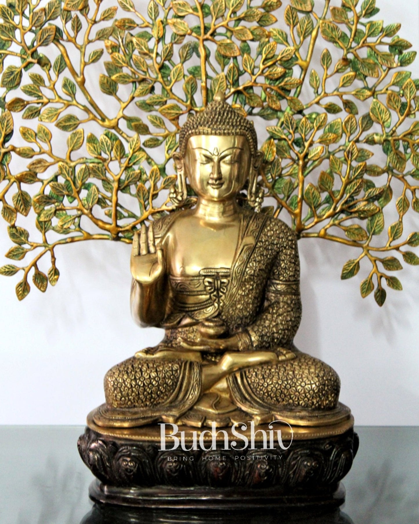 Elegant Pure Brass Buddha Statue with Kalpavriksha - 25.5 Inches