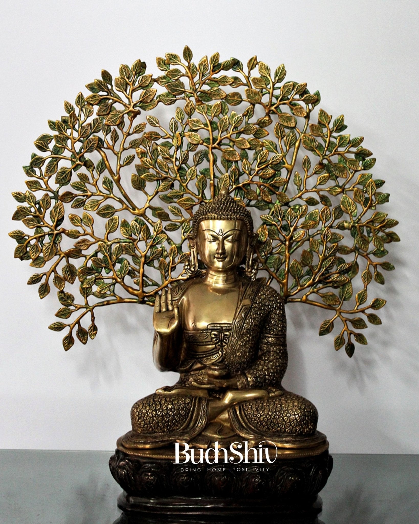 Elegant Pure Brass Buddha Statue with Kalpavriksha - 25.5 Inches