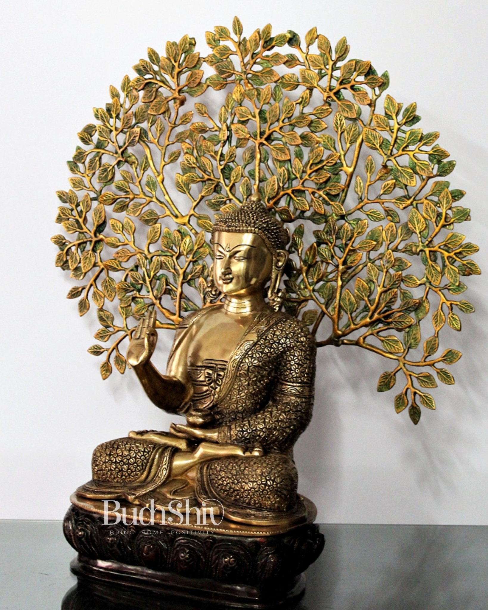 Elegant Pure Brass Buddha Statue with Kalpavriksha - 25.5 Inches