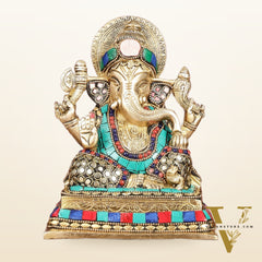 Elegant Pure Brass Ganesha Idol with Stonework 7.5"
