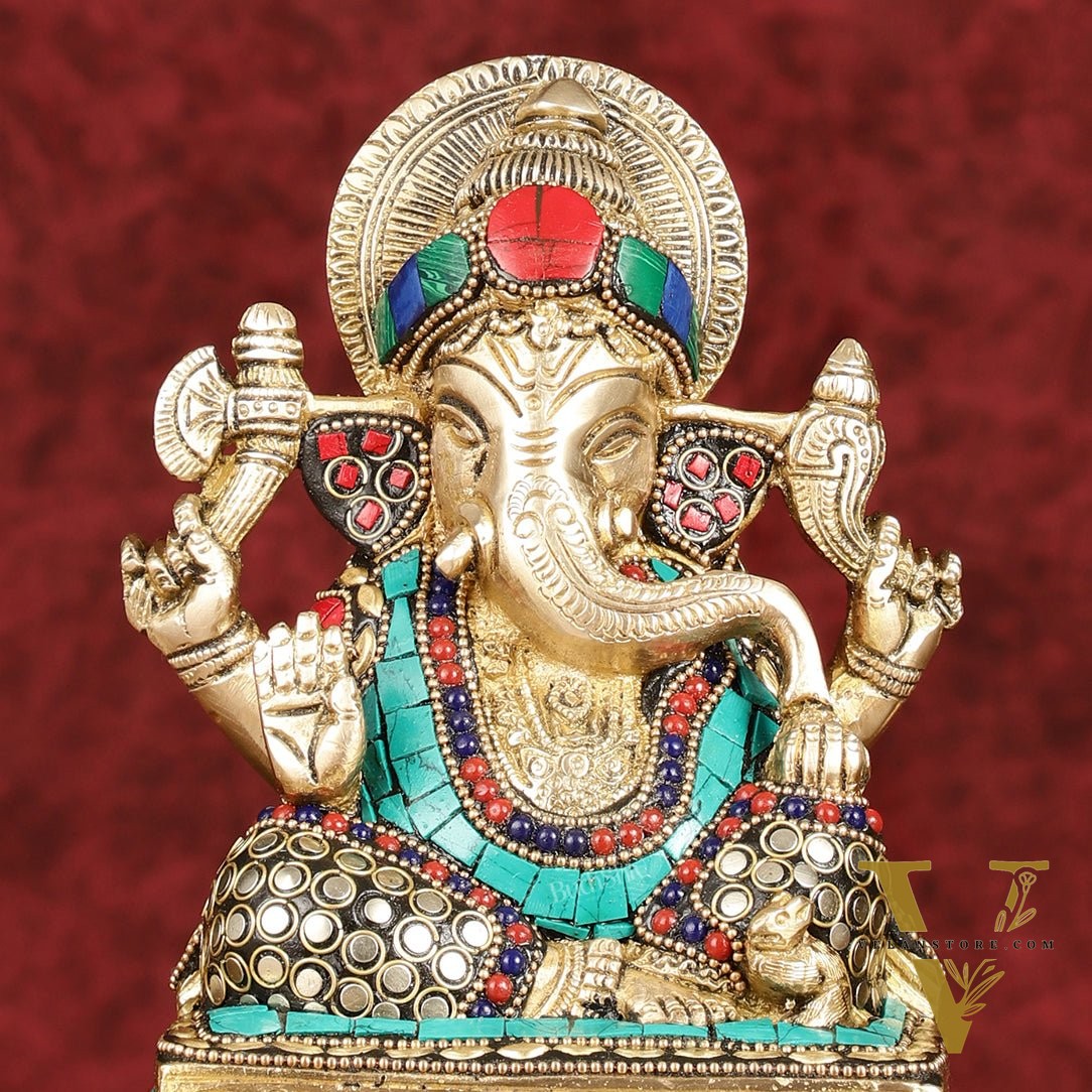 Elegant Pure Brass Ganesha Idol with Stonework 7.5"