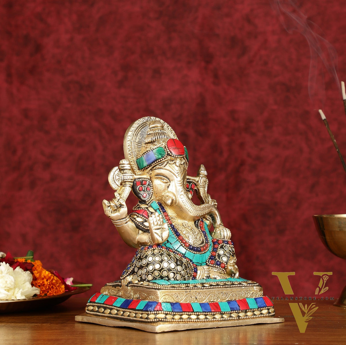 Elegant Pure Brass Ganesha Idol with Stonework 7.5"