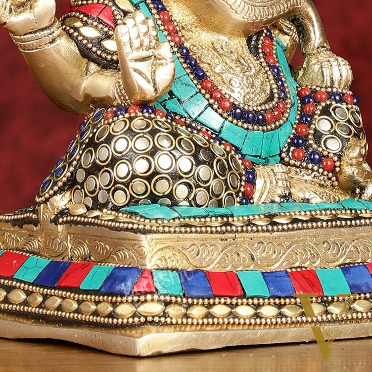 Elegant Pure Brass Ganesha Idol with Stonework 7.5"