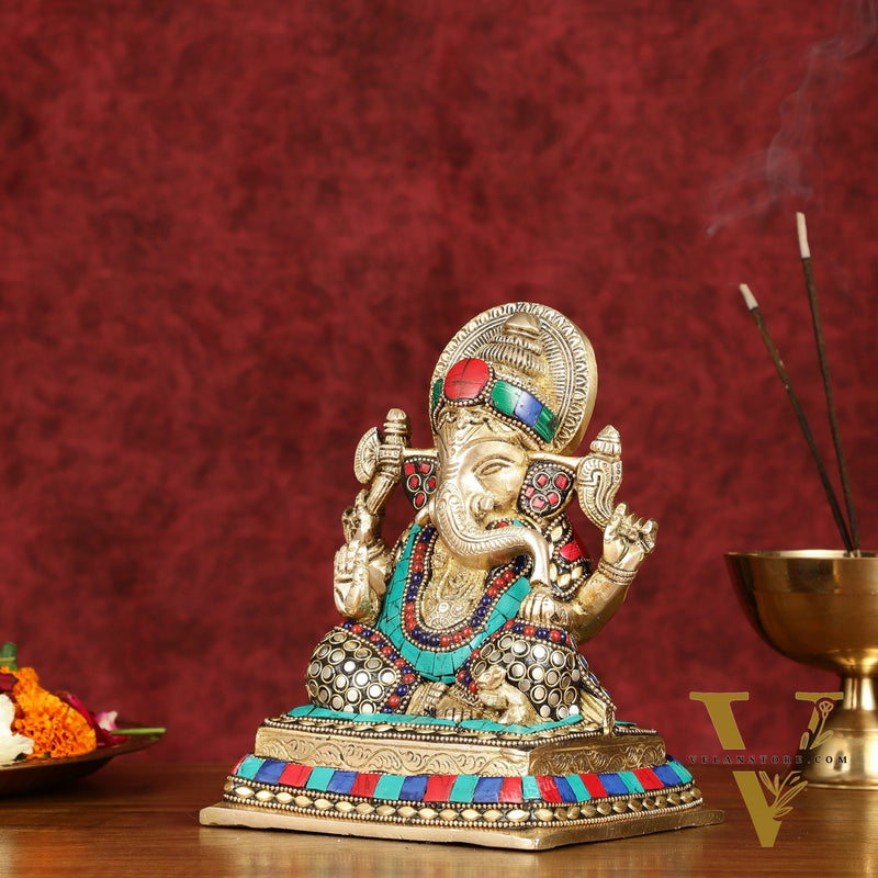 Elegant Pure Brass Ganesha Idol with Stonework 7.5"