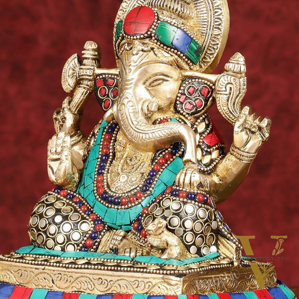 Elegant Pure Brass Ganesha Idol with Stonework 7.5"