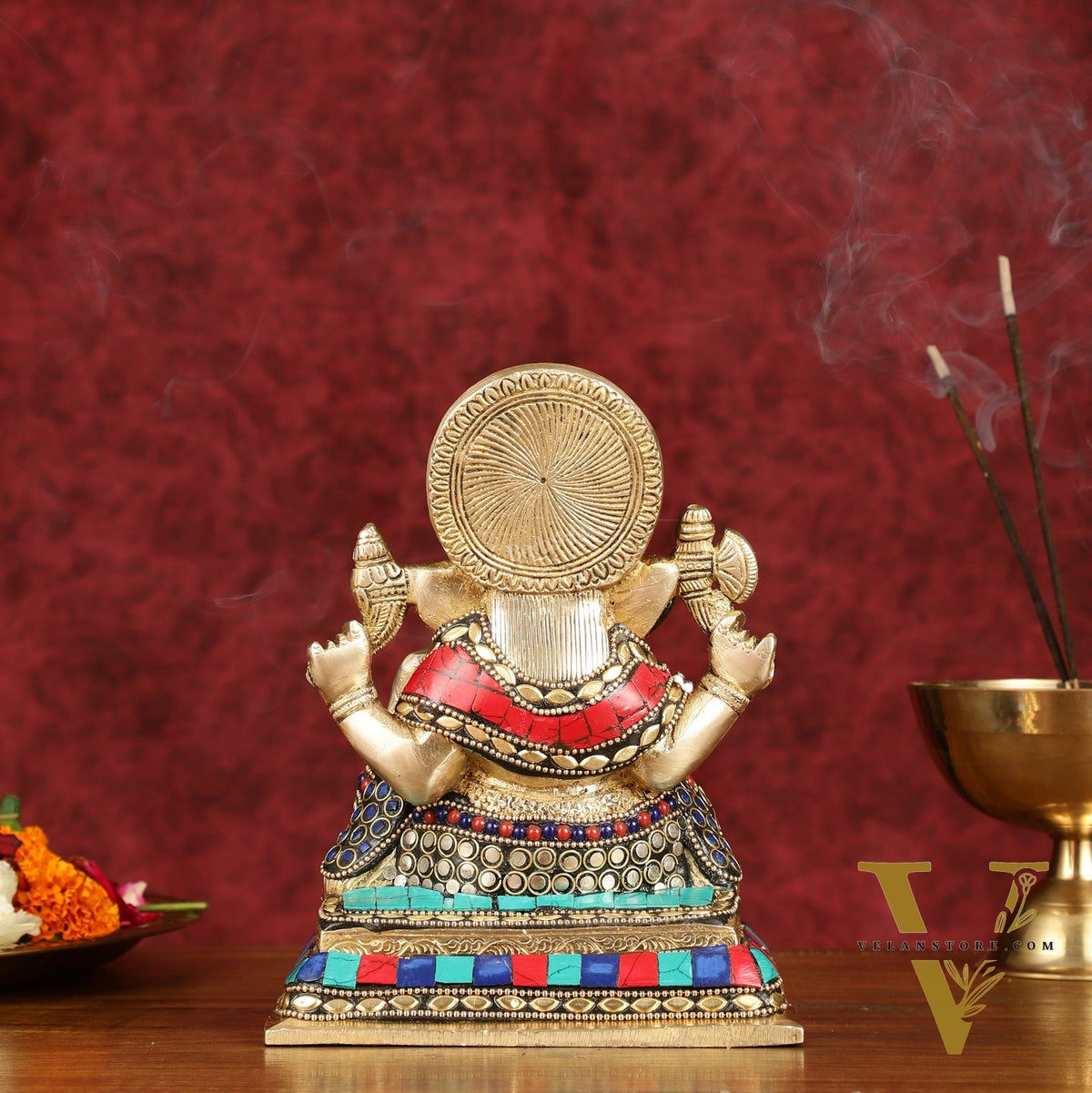 Elegant Pure Brass Ganesha Idol with Stonework 7.5"