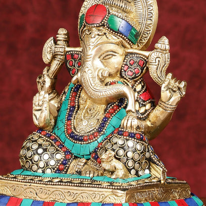 Elegant Pure Brass Ganesha Idol with Stonework 7.5"