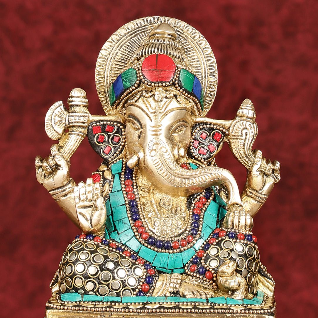 Elegant Pure Brass Ganesha Idol with Stonework 7.5"