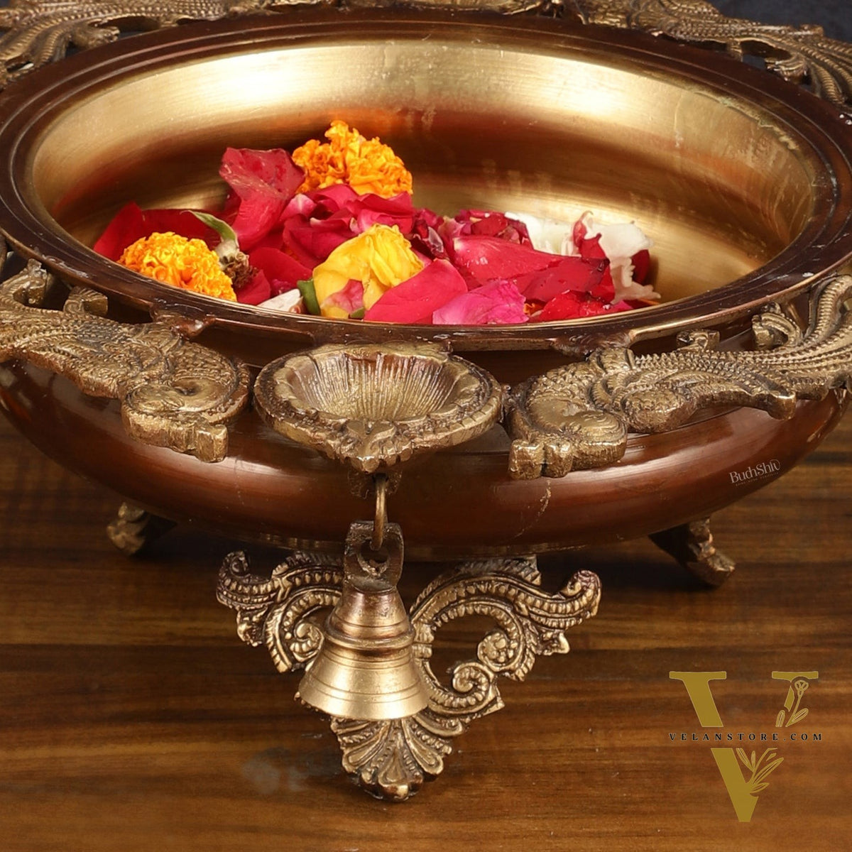 Elegant Pure Brass Urli with Diyas - 15"x15"x5.5" | Traditional Decor