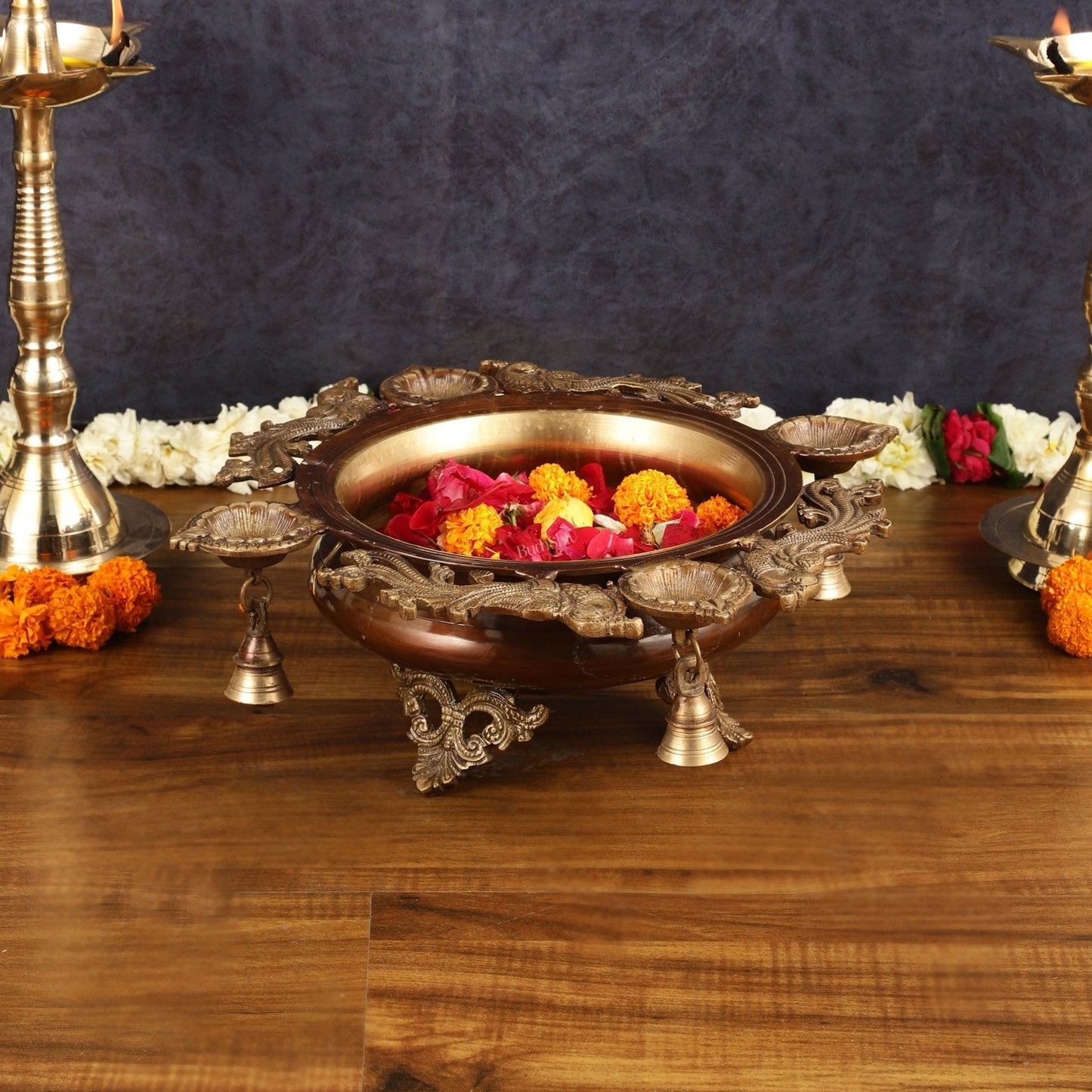 Elegant Pure Brass Urli with Diyas - 15"x15"x5.5" | Traditional Decor