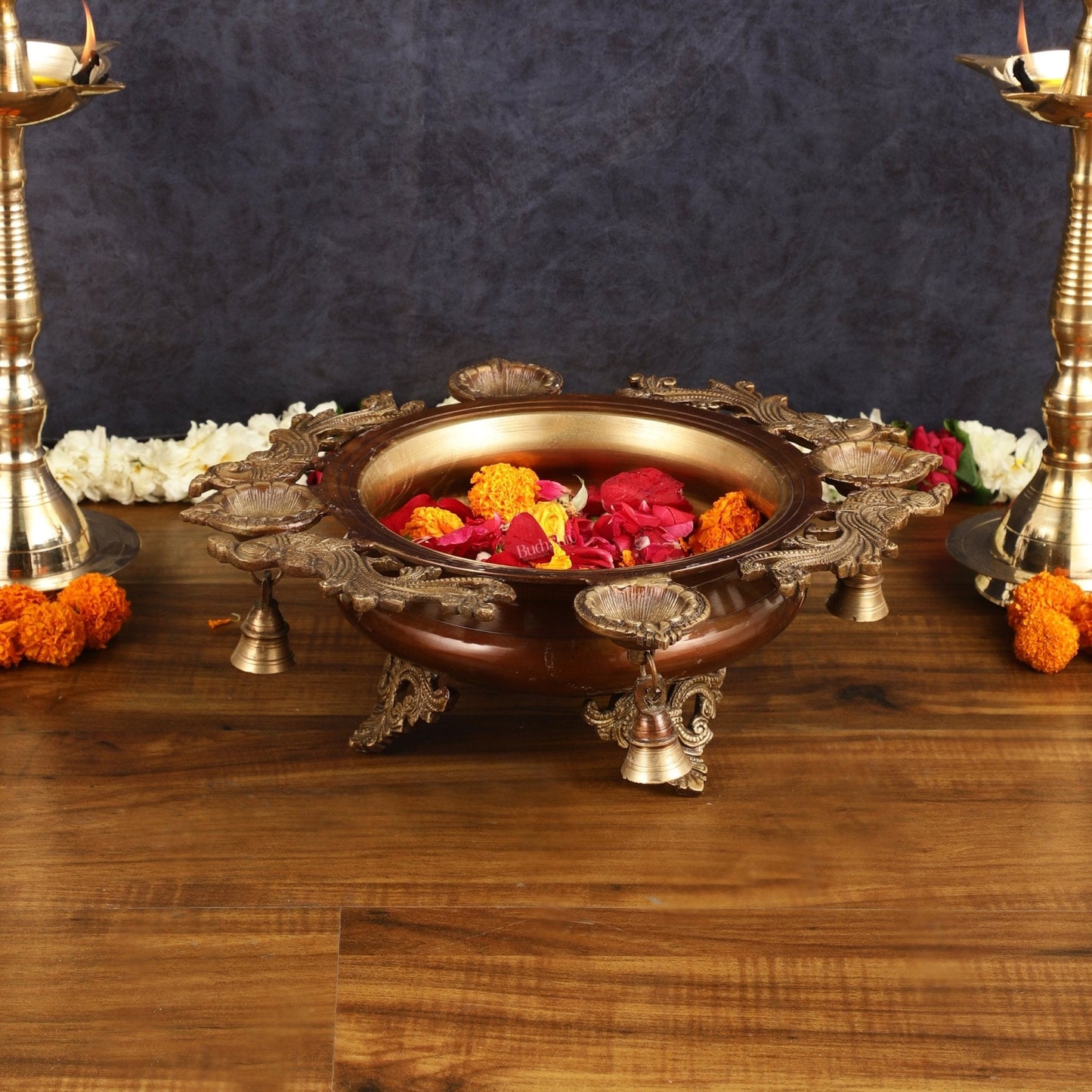 Elegant Pure Brass Urli with Diyas - 15"x15"x5.5" | Traditional Decor