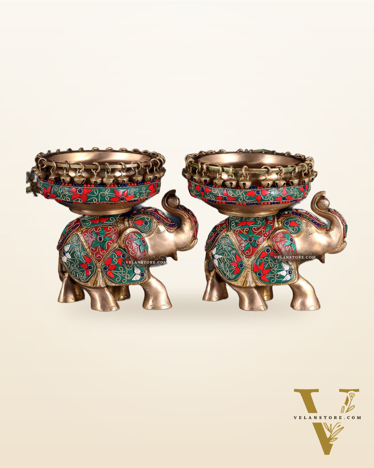 Elephant brass urli pair with floral stonework 7"