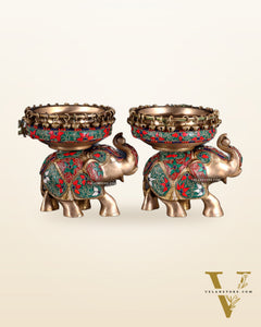 Elephant brass urli pair with floral stonework 7"