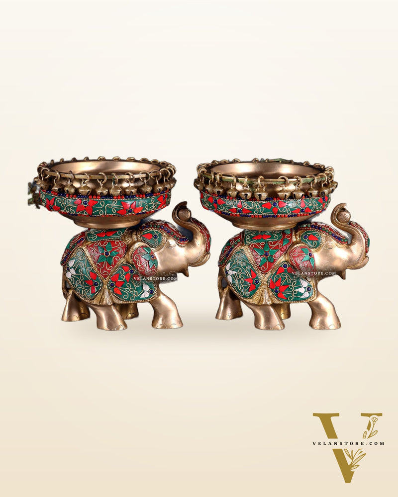Elephant brass urli pair with floral stonework 7"