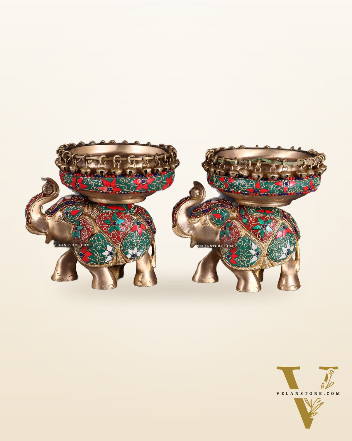 Elephant brass urli pair with floral stonework 7"