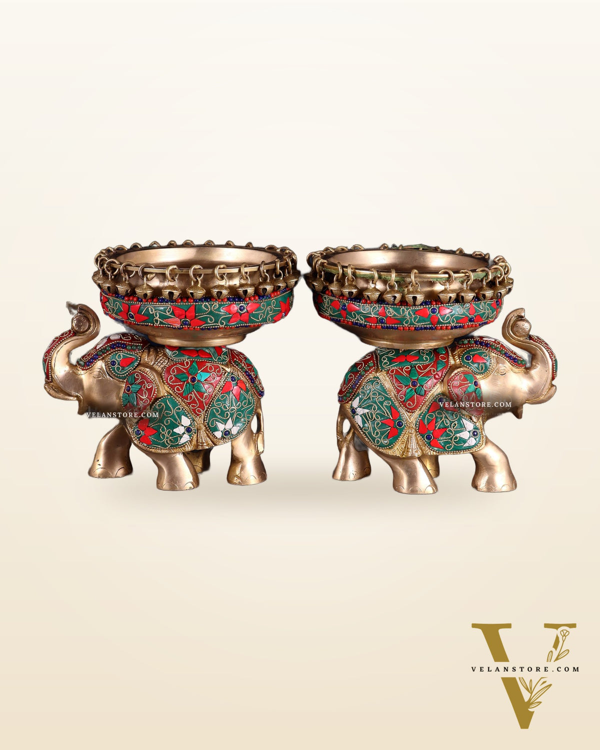 Elephant brass urli pair with floral stonework 7"