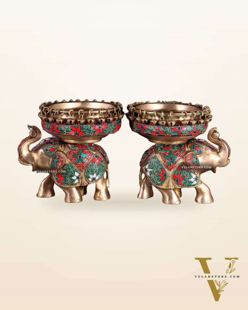 Elephant brass urli pair with floral stonework 7"