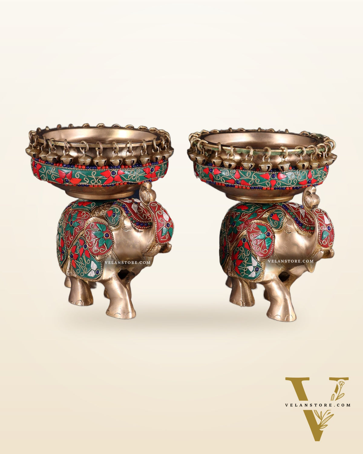 Elephant brass urli pair with floral stonework 7"