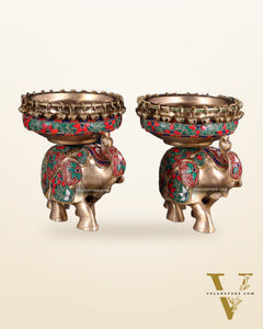 Elephant brass urli pair with floral stonework 7"