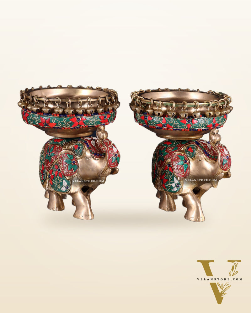 Elephant brass urli pair with floral stonework 7"