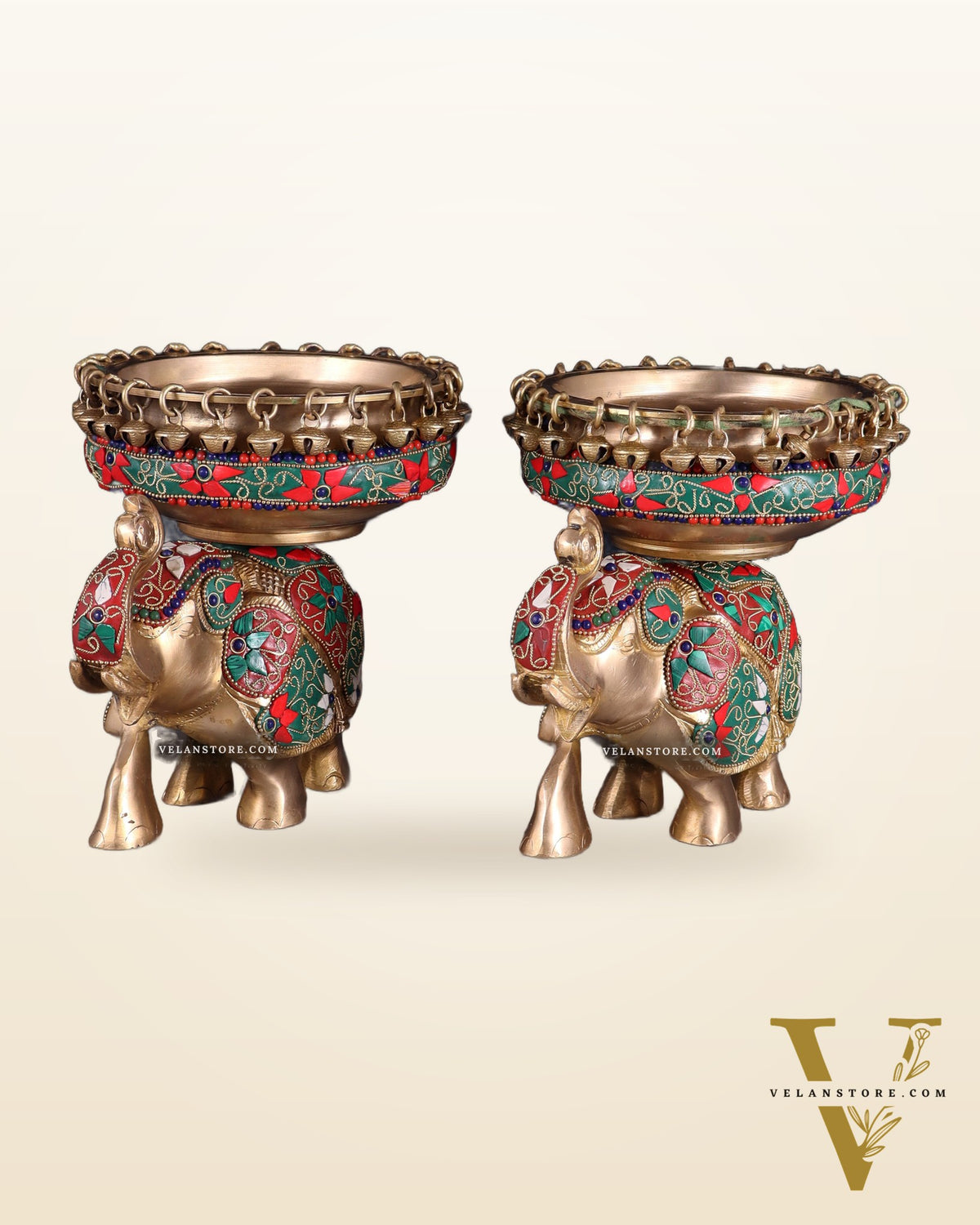 Elephant brass urli pair with floral stonework 7"