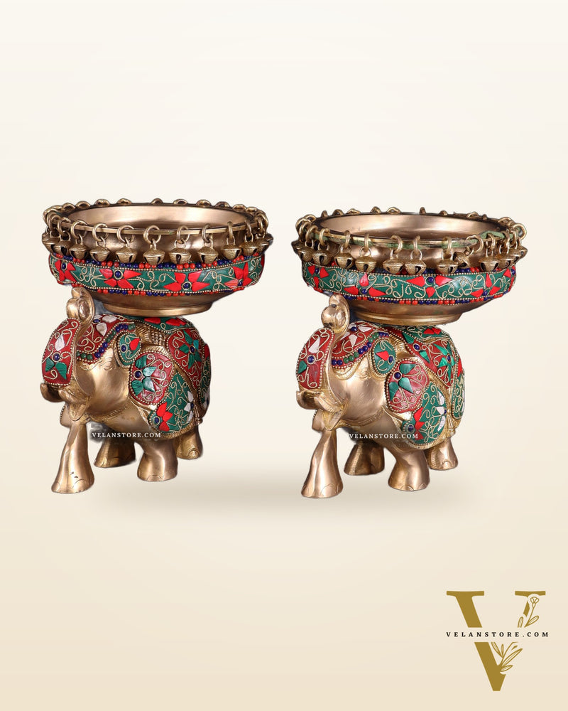 Elephant brass urli pair with floral stonework 7"