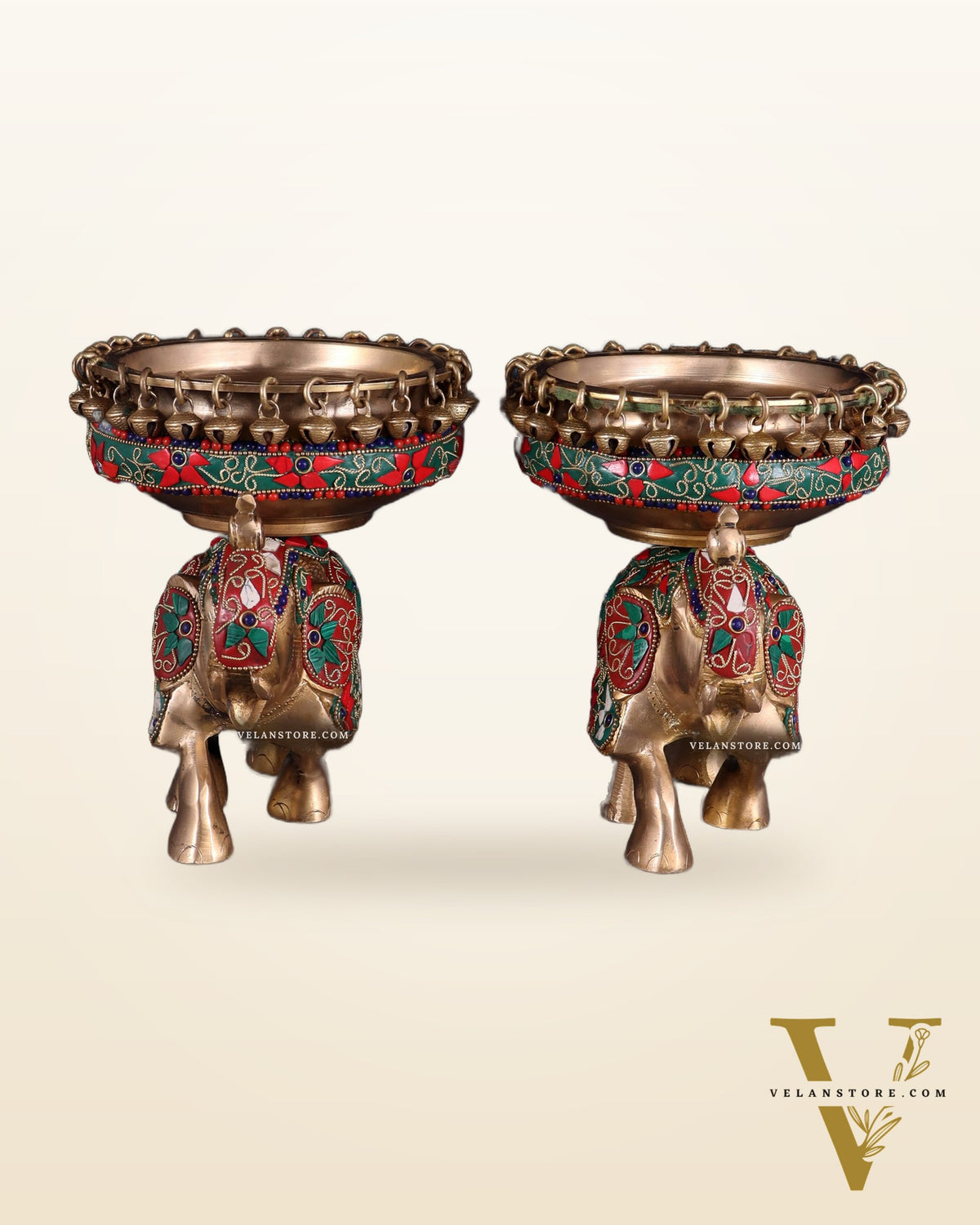 Elephant brass urli pair with floral stonework 7"
