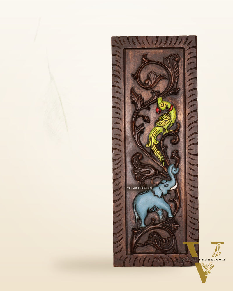 Elephant with Parrot Wooden Wall Hanging Panel – Handcrafted & Hand-Painted 15.5"