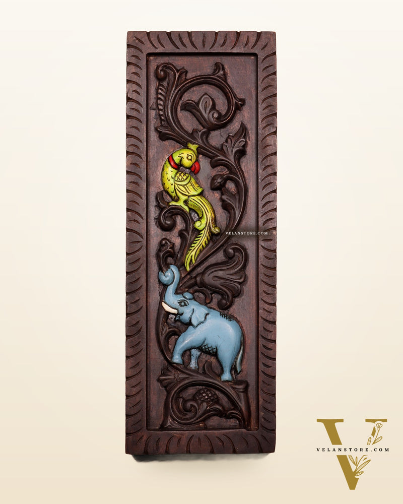 Elephant with Parrot Wooden Wall Hanging Panel – Handcrafted & Hand-Painted 15.5"